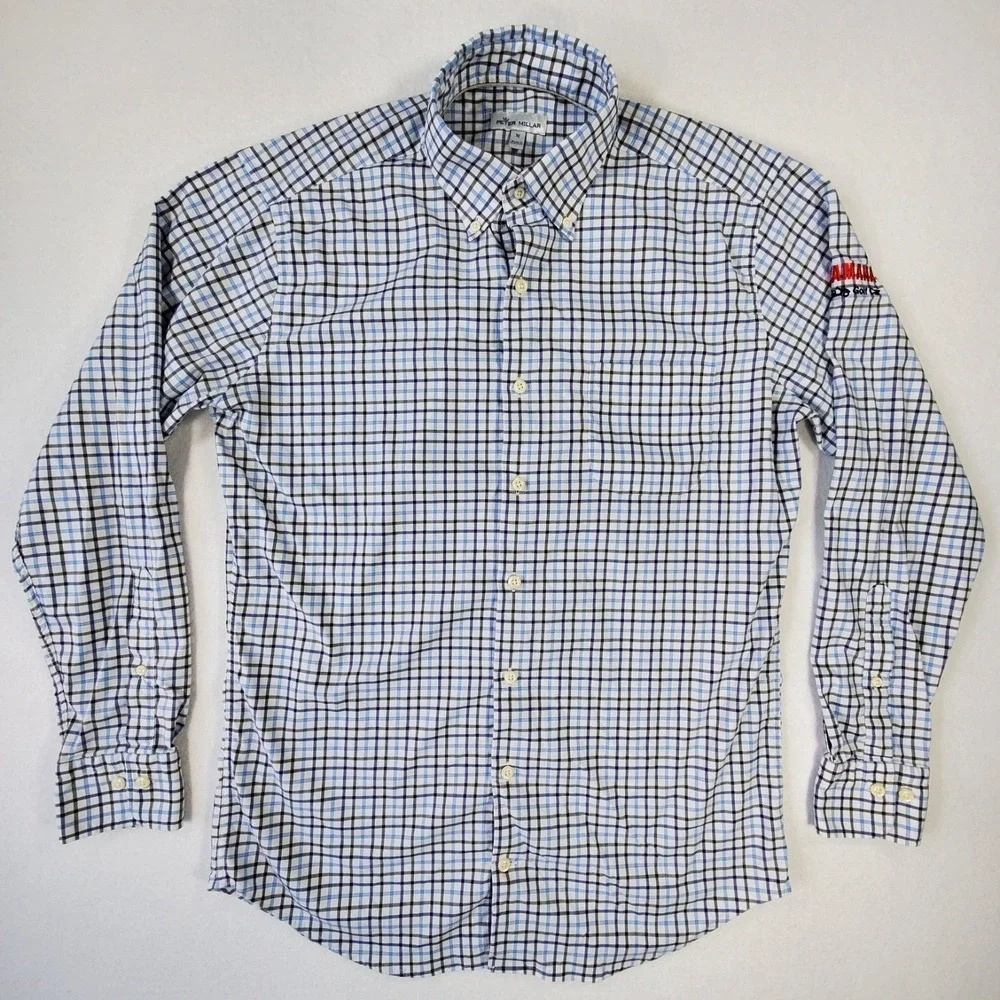 Peter Millar Yamaha Golf Button Down Shirt Mens Medium Blue‎ Plaid Stretch